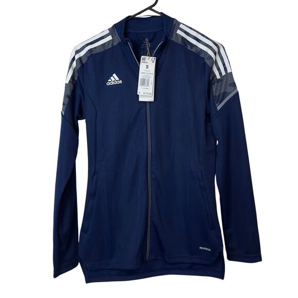 NWT Adidas Condivo 21 Track Jacket Size S Navy Blue White Primeblue 3 Stripe - Picture 1 of 10